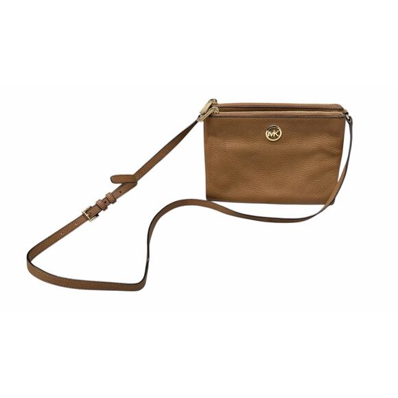 Michael Kors Handbags - Michael Kors Fulton Double Zip Crossbody Pebble Leather Brown W/ Gold Hardware